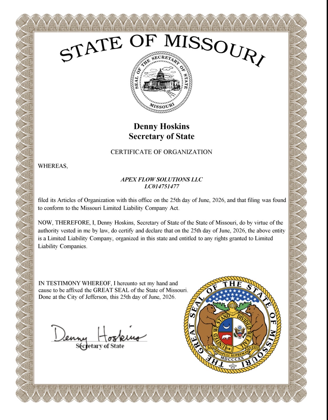 State of Missouri Certificate of Organization for Apex Flow Solutions LLC, LC014751477, signed by Secretary of State Denny Hoskins.